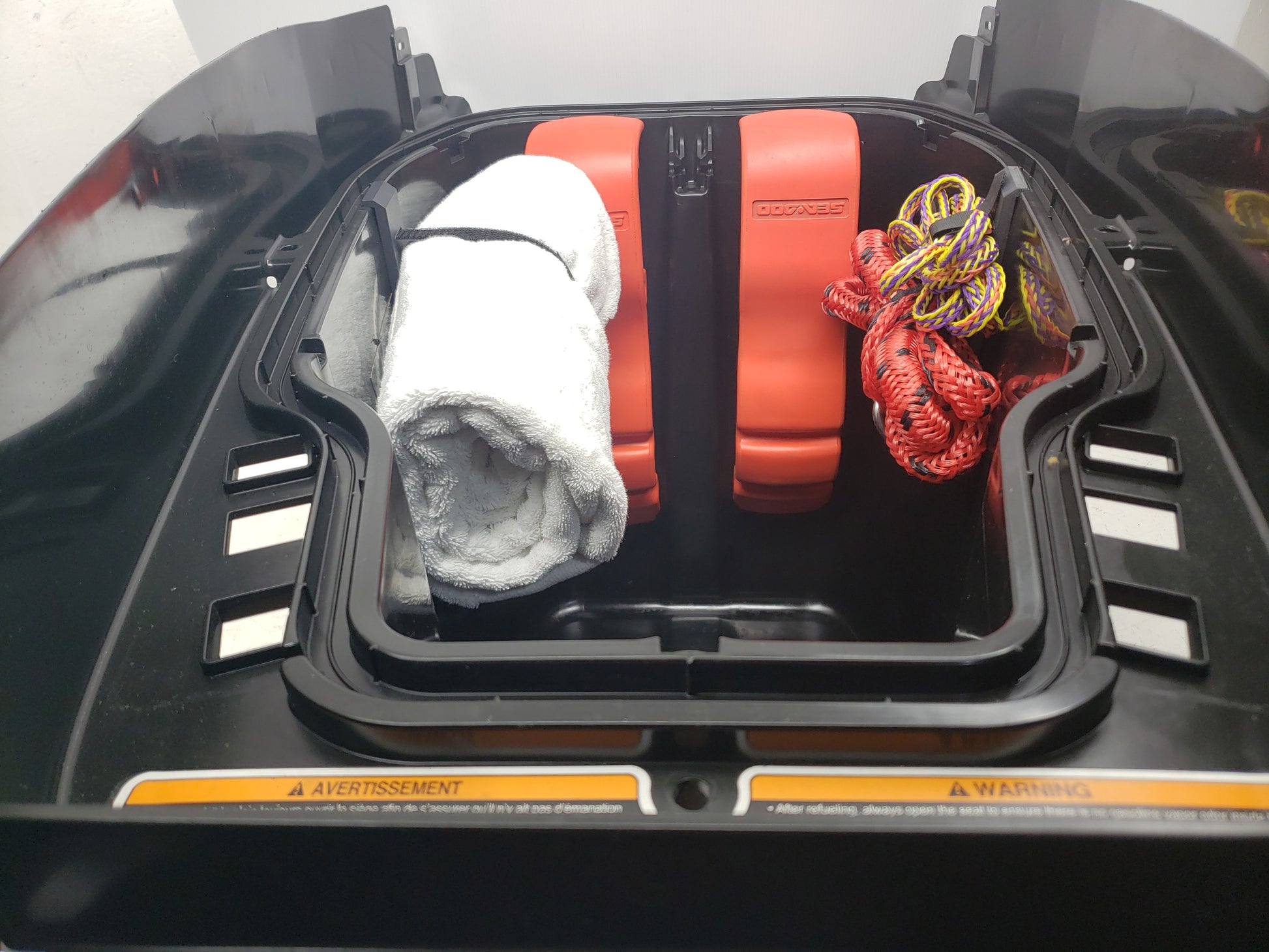 Sea Doo Storage Bin with ST3 Hull Accessories OEM Fender Holders, Dock Line Organizer and Towel Holder.