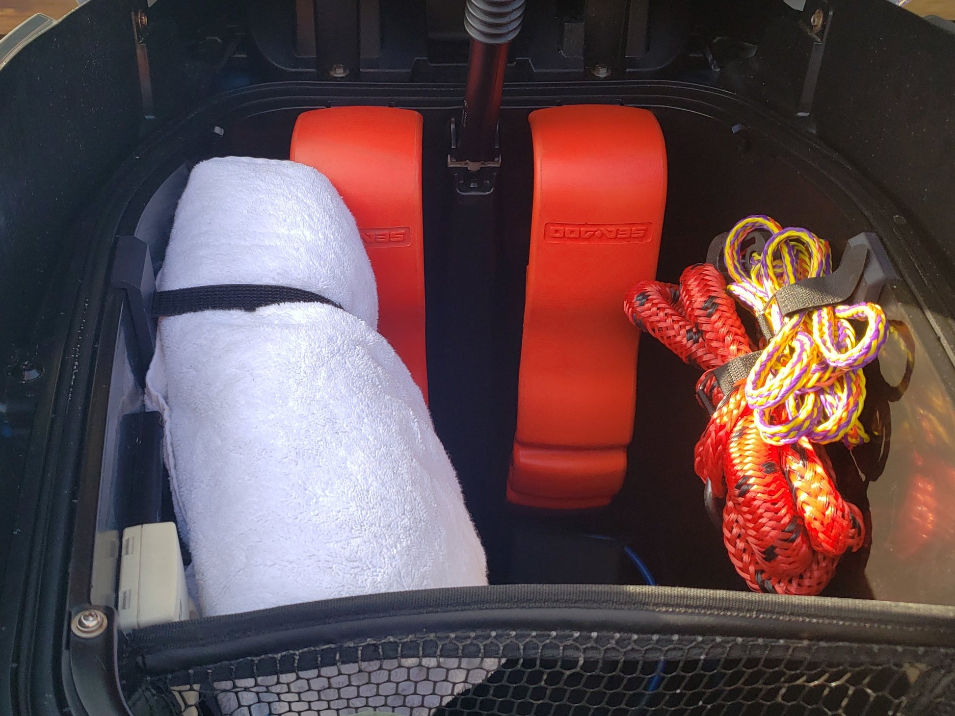 ST3 Hull Accessories Towel Holder, Dock Line Organizer & OEM Fender Holders in Sea Doo Storage Bin.