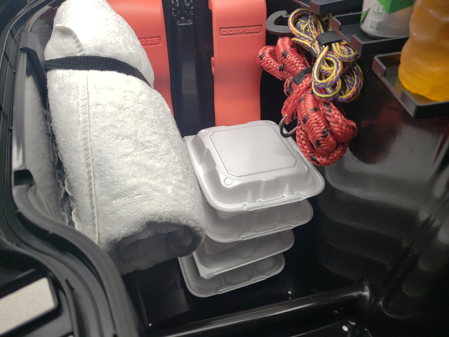 Complete Storage System with Room for 4 To-Go Containers in a Sea Doo Storage Bin.